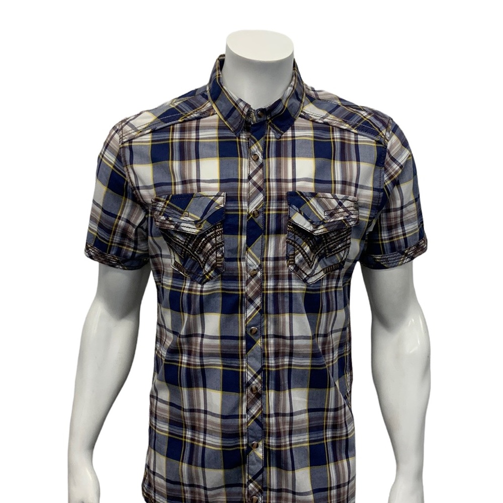 BKE Buckle Black Blue White Yellow Plaid Western Pearl Snap Tailored Fit Shirt L